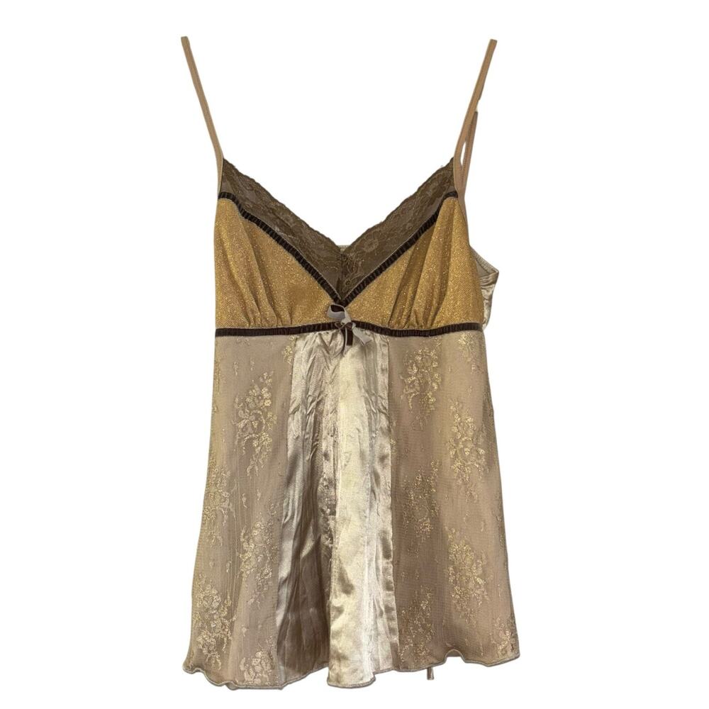 Y2K Brown Babydoll Going Out Lace Satin Top Womens M Fairy Casual Western Whimsy